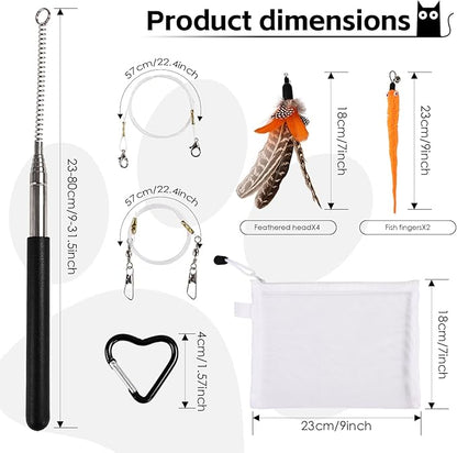 whitefeather Cat Wand Toy – Ultra-Light 33g Retractable Teaser (9–31.5") with 6 Natural Feather Heads, 2 Replacement Strings & Clip-On Pouch – Safe, Washable & Perfect for On-The-Go Play
