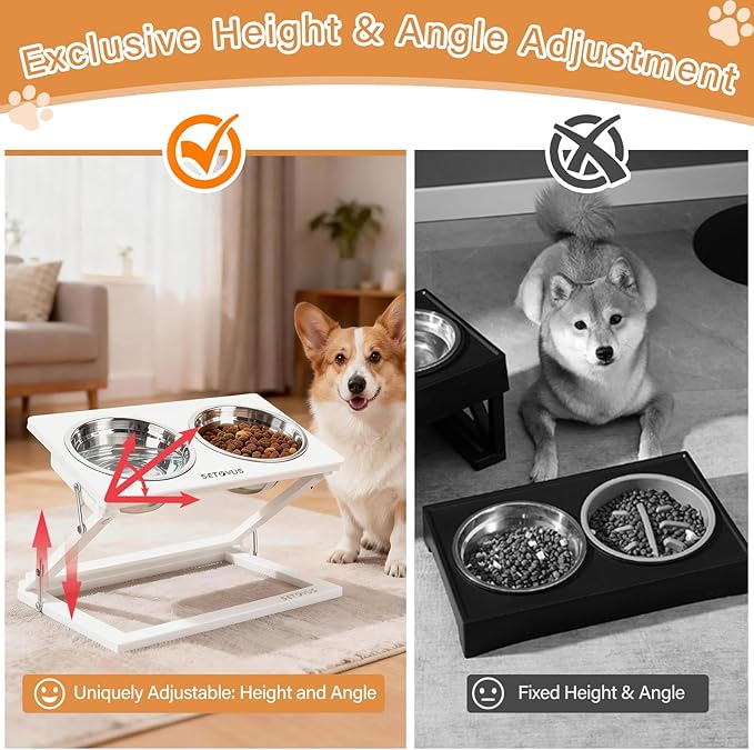 Elevated Dog Bowls for Large Medium Dogs, 3 Heights Adjustable Raised Dog Bowl Stand with 2 Stainless Steel Food Bowls 20°Tilted Elevated Easy to Clean Water Bowl (White, Large)