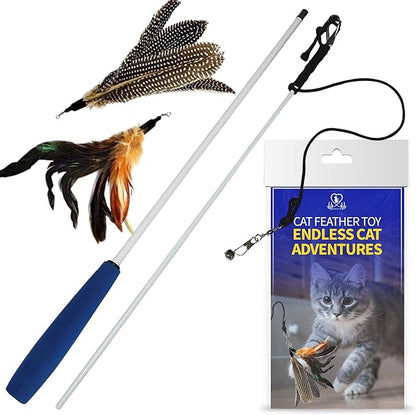 Pet Fit For Life Cat Feather Wand Toys – Interactive Cat Wand Toy for Indoor Pets | 2 Feather Attachments | Promotes Animal Health & Fitness, Made w/ Soft & Durable Materials | Gift (Brown)