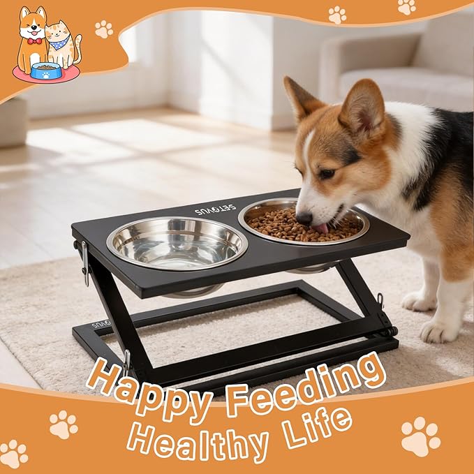 Elevated Dog Bowls for Large Medium Dogs, 3 Heights Adjustable Raised Dog Bowl Stand with 2 Stainless Steel Food Bowls 20°Tilted Elevated Easy to Clean Water Bowl (Black, Large)