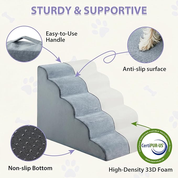 Dog Stairs for High Beds, 5-Steps Dog Steps for High Bed, Pet Stairs with Highly Supportive Foam and Non-Slip Bottom, Pet Stairs for Large Dogs and Medium Dogs (22.6 Inch)