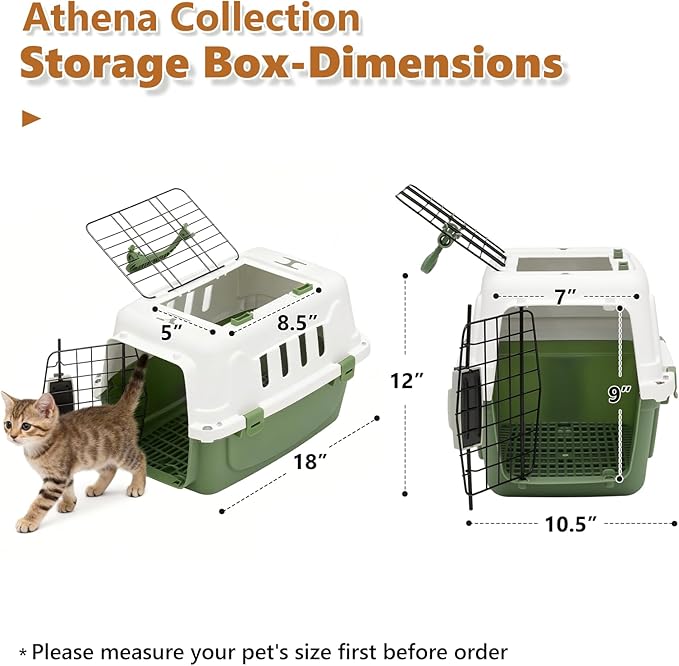 Athena Collection 18" Hard-Sided Travel Pet Carrier for Small Dogs and Cats, Plastic Dog Carriers with 2-Door Top & Front Load, Ventilation, Security Lock, Cat Dog Carrier for Pet, up to 10lbs, Green