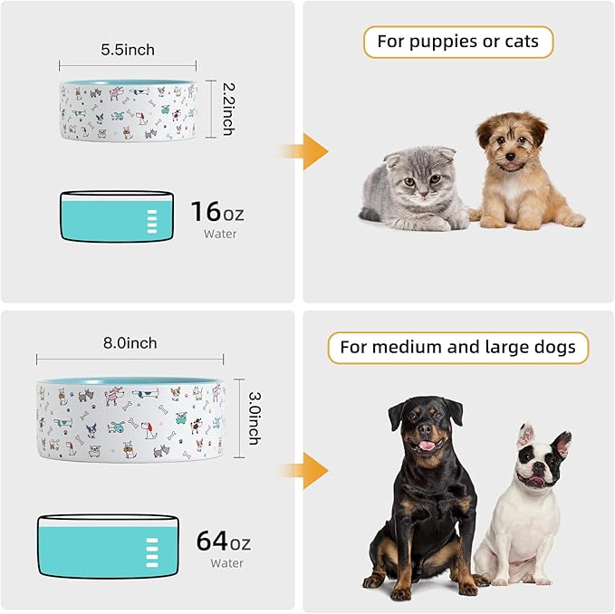 FE FUN ELEMENTS Ceramic Dog Bowls for Small Dogs, 16 Fl Oz Heavy Food and Water Bowl With Adorable Patterns (Small, Blue)