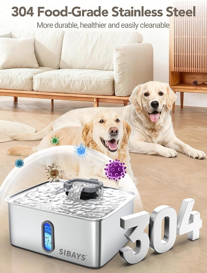 SIBAYS 4Gal/15L Dog Water Fountain for Large Dogs, Stainless Steel Large Pet Water Fountain, Ultra Quiet Automatic Dog Water Bowl Dispenser with Water Level Window and LED Light(FS78, Silver-Grey)