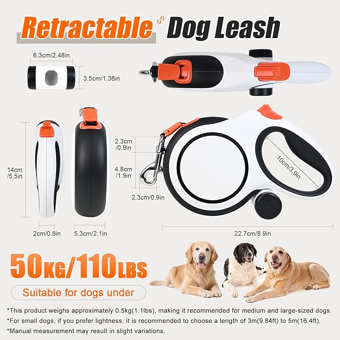 BIGNADO 26ft/8m Retractable Dog Leash with Poop Bag Holder for Medium Large Dogs Up to 110lbs/50kg, Heavy Duty Dog Walking Leash with Anti-Slip Grip, No-Tangle Leashes, One-Handed Lock - White