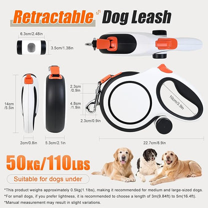 BIGNADO 26ft/8m Retractable Dog Leash with Poop Bag Holder for Medium Large Dogs Up to 110lbs/50kg, Heavy Duty Dog Walking Leash with Anti-Slip Grip, No-Tangle Leashes, One-Handed Lock - White