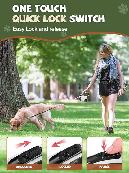 Retractable Dog Leash with Led Light, Douexio 16ft Rechargeable Walking Dog Leash for Small Medium Dogs Up to 66 lbs,360° Tangle-Free, One-Button Control, High Strength Hook