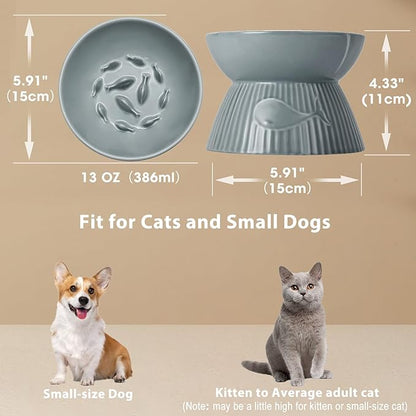 Elevated Slow Feeder Bowl for Cats and Small Dog, Stop Vomiting & Choking, Ceramic Slow Cat Bowl, Spill-Proof & Anti-Tipping, Easy to Clean, No Black Chin, Raised Pet Bowl for Dry & Wet Food