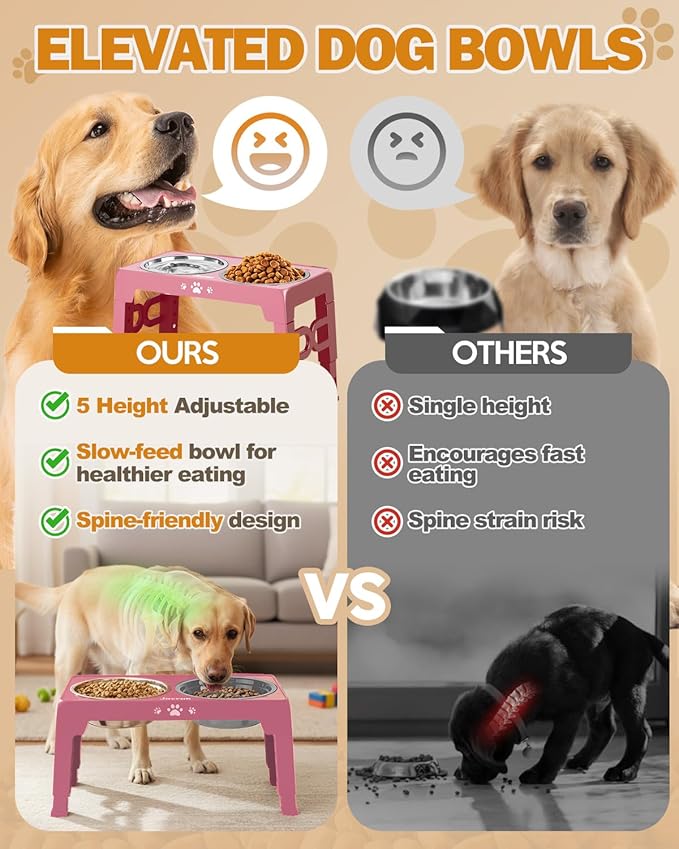 Elevated Dog Bowls for Medium Size Dogs with Mat, Non-Slip Dog Feeder with 1*Stainless Steel Dishes & 1*Slow Feeder Bowl, 5 Heights Adjustable Raised Bowls for 3.15″-8.66″-9.84″-11.02″-12.2″