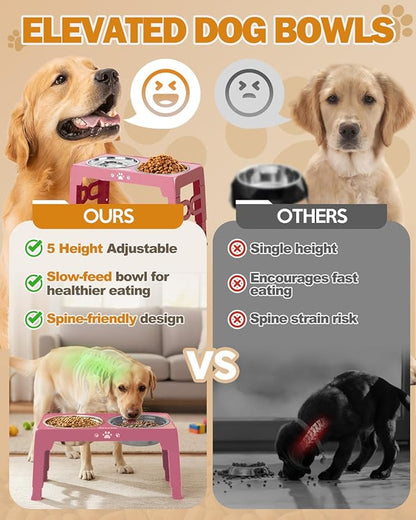 Elevated Dog Bowls for Medium Size Dogs with Mat, Non-Slip Dog Feeder with 1*Stainless Steel Dishes & 1*Slow Feeder Bowl, 5 Heights Adjustable Raised Bowls for 3.15″-8.66″-9.84″-11.02″-12.2″