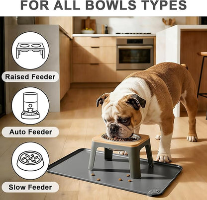 ESTHELLO Waterproof Pet Feeding Mats - Advanced Silicone Dog Food Mat Easy to Clean for Dog & Cat Bowls, 19''X12'' Premium Gray