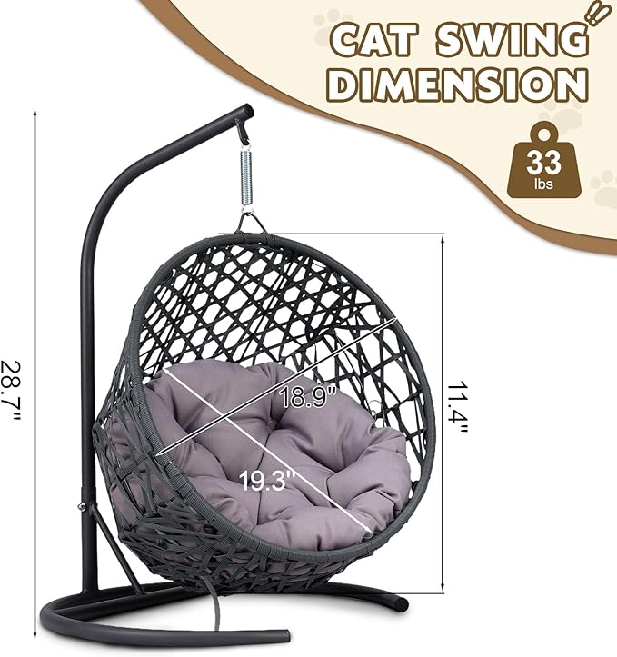 Cat Swing Bed with Stand & Cushion Indoor Outdoor, Cat Egg Chair with Rattan Wicker Appearance, Indoor Hanging Swinging Hammocks Cats Bed for Cat, Dogs, and Small Animals (Gray)