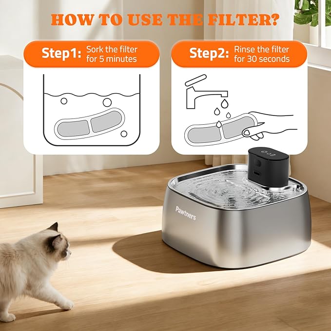Pawtners 8 Pack Replacement Filters for STR-PT-108A Pumpless Cat Water Fountain, Multi-Layer Filtration for Cat/Dog Fountain, Complete Kit with 8 Filters & 8 Sponges