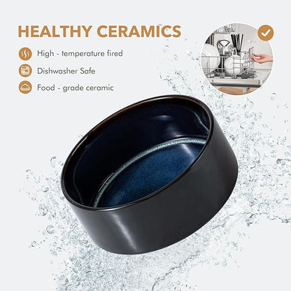 Ceramic 7.3inch Raised Double Dog Bowls Set with Acacia Wood Stand, Food & Water Bowls for Medium Breed Dogs, Weighted Pet Dishes(41oz, Starry Sky)
