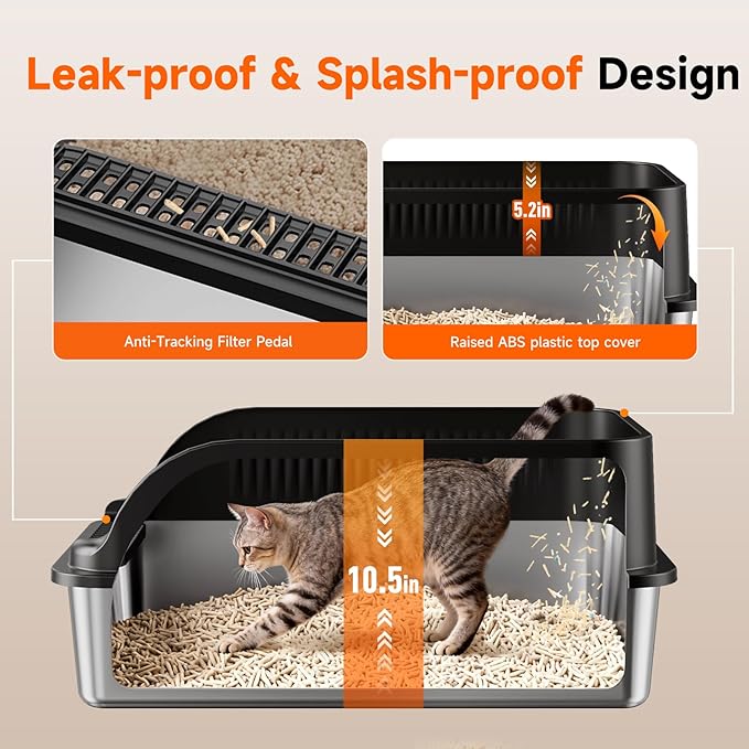 Stainless Steel Cat Litter Box, Extra Large XL Odor Free Metal Litter Box with High Sides Lid, Open Top Litter Pan Include Scoop Easy Cleaning Anti-Scratch Kitty Cat Box Anti-Urine Leakage, Non-Sticky