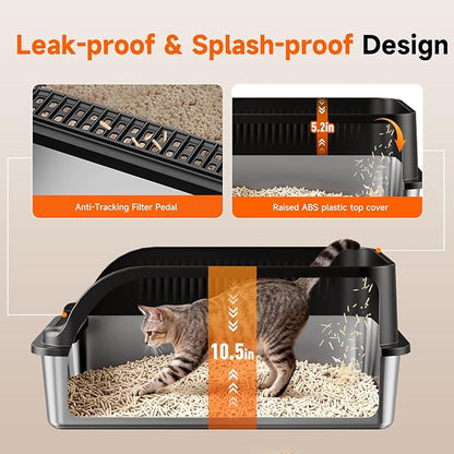 Stainless Steel Cat Litter Box, Extra Large XL Odor Free Metal Litter Box with High Sides Lid, Open Top Litter Pan Include Scoop Easy Cleaning Anti-Scratch Kitty Cat Box Anti-Urine Leakage, Non-Sticky