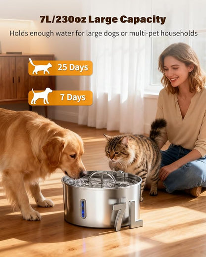 Dog Water Fountain for Large Dogs, 7L/236oz Stainless Steel Dog Fountain Water Bowl Dispenser, Automatic Cat Water Fountain with Ultra Quiet Pump, Large Drinking Area