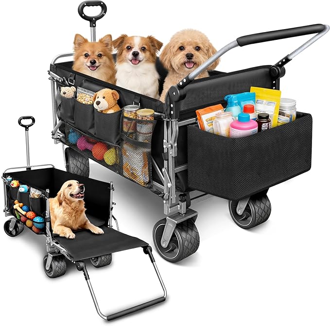 Dog Stroller for Large & Medium Dogs (20–200 lbs), All Terrain Foldable Large Pet Stroller with Tailgate, Cup Holder, Storage Baskets - Heavy Duty Adjustable Handle Extra Large Dog Wagon Cart