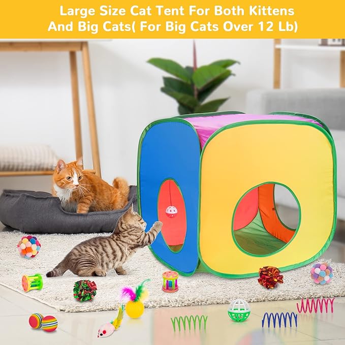 Retro Shaw Cat Toys Set, 33 Pack, Interactive Kitten Toys for Indoor Cats Kitty with Collapsible Cat Tunnel Tube Tent Feather Wand Teaser Bell Fuzzy Pompom Crinkle Ball Springs Mice Toys