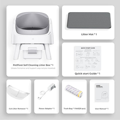 PetPivot Automatic Litter Box for Cats, Open-Top Design with Safety Sensors, Includes Liners and Litter Mat, Suitable for Multi-Cat Homes, Grey