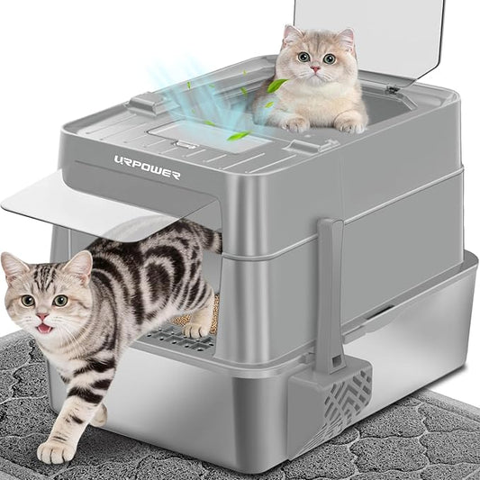 URPOWER Stainless Steel Cat Litter Box with Lid 110° Flip-Top Extra Large Enclosed Litter Box Non-Sticky Metal Pan with High Sided & Scoop, Odor Free, Front & Top Entry, Anti-Leakage, Easy Cleaning
