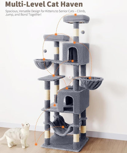 AMHANCIBLE Cat Tree, 70 Inch Cat Tower for Indoor Cats, Multi-Level Cat Tree with Scratching Post, Hammock, Hanging Basket, Large Cat Condos for Adult Cats Kittens, Grey, PT18GY