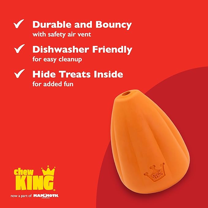 Chew King by Mammoth Premium Treat Dispensing Dog Toy, Durable Natural Rubber Chew Toy with Bacon Flavor, Safety Air Vent, Interactive Enrichment Toy for Aggressive Chewers, XXL - Orange