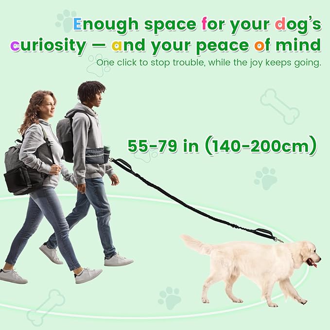 Hands Free Dog Leash with Dog Snack Waist Pack,1.4-2M Retractable Leash for Medium & Large Dogs, Waist Belt, Dual Handles, Reflective for City Walking & Running Outdoor Hiking &Travel etc.