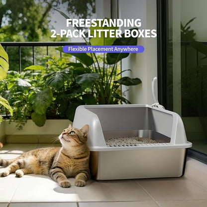 2 Pack Stainless Steel Cat Litter Box with Lid, Large Metal Litter Pan for Adult Cats, Multi-Cats, High Sides with Anti-Leakage Enclosure, Easy Cleaning, Non-Stick, Anti-Scratch,Include Scoop
