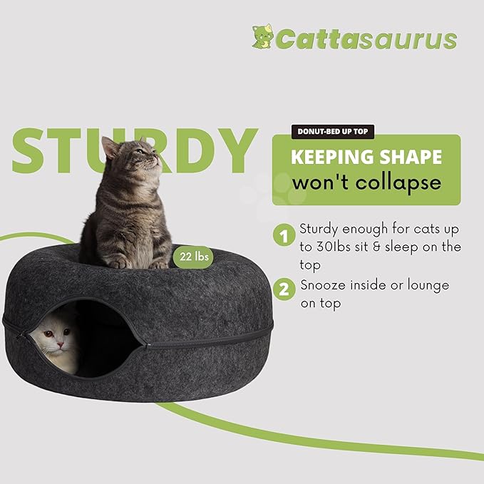 Cattasaurus Peekaboo Cat Cave Donut for Multiple & Large Cats up to 30-45 lbs, 3-in-1 Self Warming Cat Bed, Tunnel & Scratcher for Indoor Cats, Washable & Detachable (Light Gray + Dark Gray, Large)