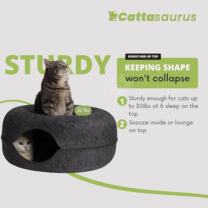 Cattasaurus Peekaboo Cat Cave Donut for Multiple & Large Cats up to 30-45 lbs, 3-in-1 Self Warming Cat Bed, Tunnel & Scratcher for Indoor Cats, Washable & Detachable (Light Gray + Dark Gray, Large)