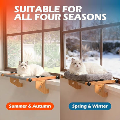 Cat Sill Window Perch Sturdy Hammock Window Seat with Cushion Bed Cover, Wood & Metal Frame for Large Cats, Easy to Adjust Cat Bed for Windowsill, Bedside, Drawer and Cabinet (M)