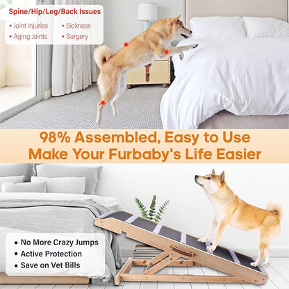 Dog Ramp for Bed - Extra Wide 17’’, Non-Slip Rubber Surface Excellent Traction, Pet Ramp for Small Large Dogs to Get on High Couch Car, Hold up to 200lb, Adjustable, Foldable