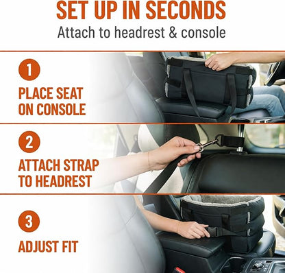 Center Console Dog Seat for Small Dogs & Cats | Pet Car Seat with Safety Strap & Cushion | Portable Middle Console Dog Bed | Secure Travel Booster Seat by Carver Park