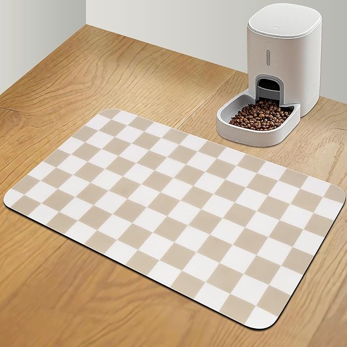 Checkered Dog Food Mat, Absorbent Leak-Proof Pet Feeding Mat, Quick Dry Cat Food Mat for Messy Drinkers 16" x 24" Khaki