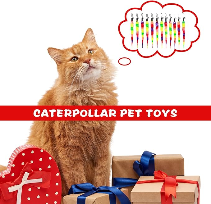 Cat Toys, 12pcs Rainbow Cat Worm Toys Cat Wand Toy Replacement Refills Cat Feather Toys Interactive Fluffy Worms Toys with Bells for Indoor Cats Kitten Training Accessories