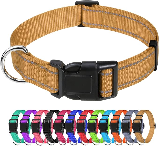TagME Reflective Nylon Dog Collars, Adjustable Classic Collar with Quick Release Buckle for Extra Large Dogs, Khaki, 1¼" Width