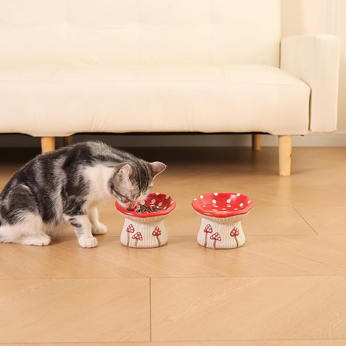 Ceramic Cat Bowl, Cute Red Mushroom Elevated Cat Food Dish, Shallow Raised Feeder, Anti Vomiting, Stress Free, Whisker Fatigue
