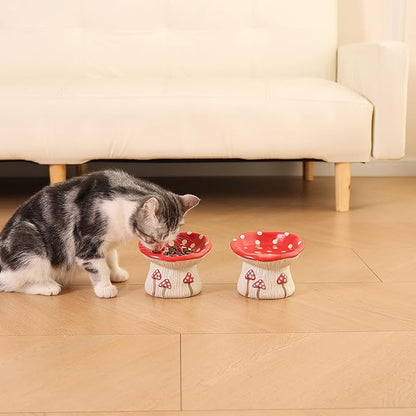 Ceramic Cat Bowl, Cute Red Mushroom Elevated Cat Food Dish, Shallow Raised Feeder, Anti Vomiting, Stress Free, Whisker Fatigue