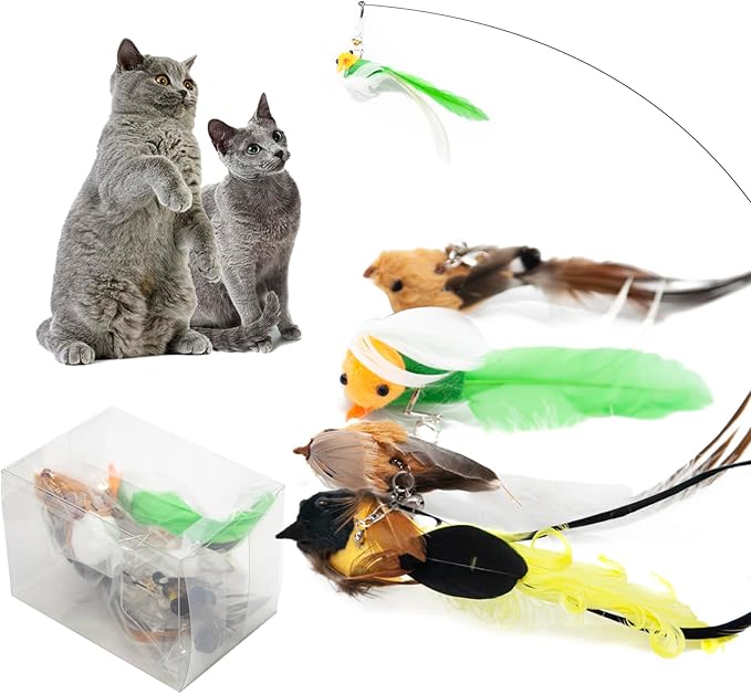 Flying Cat Bird Toy Pack for Cat Wands, Teaser, Suction Cup or Door Hanging Toy, Natural Feather Refills with Bells for Indoor Cats Bird Hunting Selfplay-4 PCS