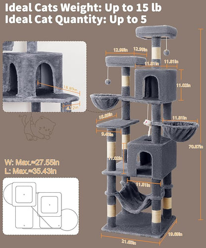 AMHANCIBLE Cat Tree, 70 Inch Cat Tower for Indoor Cats, Multi-Level Cat Tree with Scratching Post, Hammock, Hanging Basket, Large Cat Condos for Adult Cats Kittens, Grey, PT18GY