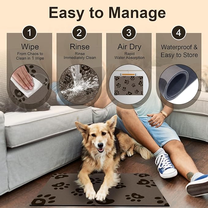 BLESWIN Pet Feeding Mats 17"x28", Water Absorbing Mat for Dog Bowl, Dog Dish Mats for Floors Waterproof, Non Slip Mat for Dogs, Pet Placemats for Food and Water, Cat Mat for Food and Water, Brown