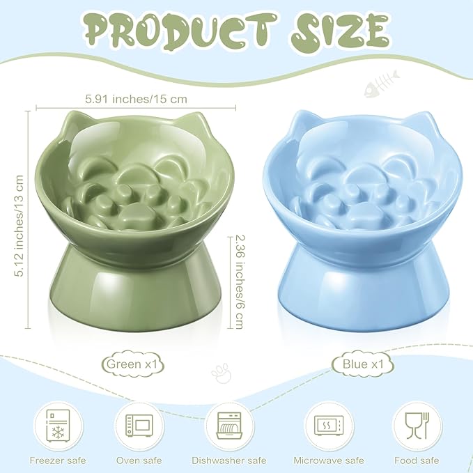 2 Pcs Ceramic Raised Slow Feeder Cat Bowl, 5.91inch Elevated Cat Slow Feeder Bowl Tilted Anti Vomiting for Dry Wet Food and Water Easy to Clean High Edge(Green, Blue)