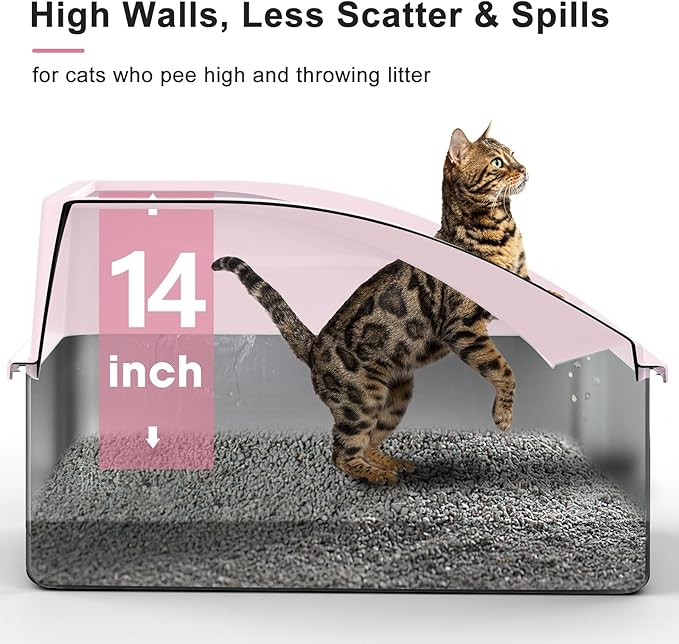 Stainless Steel Litter Box | XXL Deepened 8" Design Enclosed Box with Lid for Big Cats | High Sided, Anti-Urine Leakage | Non-Stick Bottom & Includes Litter Mat & Metal Scoop(Cute Pink)