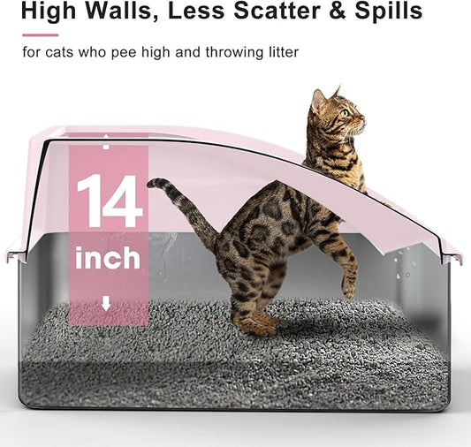 Stainless Steel Litter Box | XXL Deepened 8" Design Enclosed Box with Lid for Big Cats | High Sided, Anti-Urine Leakage | Non-Stick Bottom & Includes Litter Mat & Metal Scoop(Cute Pink)
