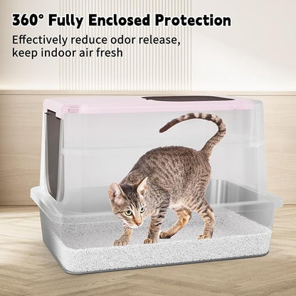 RIZZARI Enclosed Cat Litter Box: Extra Large Pink Litter Pan with Top Exit & Anti-Leak Design - Teflon Non-Stick Coating Stainless Steel Cleaning - Odor-Control in Garage Utility Room