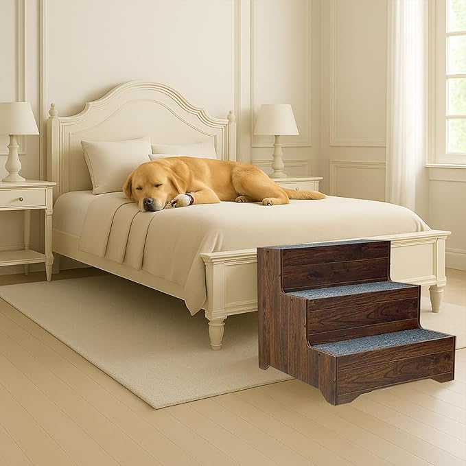 Furniture Style Dog Stairs, Wooden Pet Steps for Small Medium Dogs Cats, 3-Step Tall Solid Dog Ladders for High Bed, Couch, Sofa – Ideal for Elderly, Injured, Recovering or Short-Legged Pets