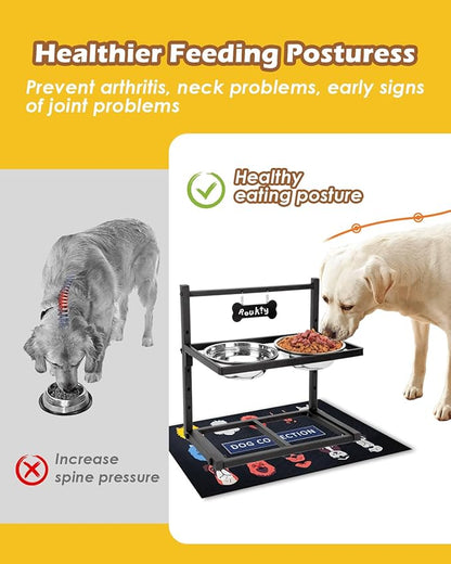 Elevated Dog Bowls with Slow Feeder & Mat, Adjusable Height Raised Dog Bowl Stand with 2 Stainless Steel 1200ML Bowl