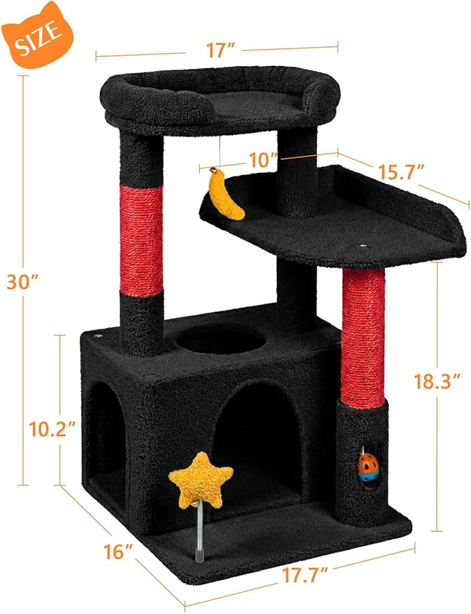 32In Cute Cat Tower for Indoor Cats with Cat Condo, Plush Platform, Hammock, Sisal Scratching Posts, Dangling Ball, Tall Cat Tree Tower with Self-Grooming Brush (Jet Black)