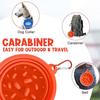 Large Collapsible Dog Bowls (34oz), 1 Pack Pet Travel Foldable Bowl and Slow Feeding Frisbee with Carabiners, Healthy, Soft Silicone, Portable Essential Set for Walking, Travel, and Hiking (Orange)